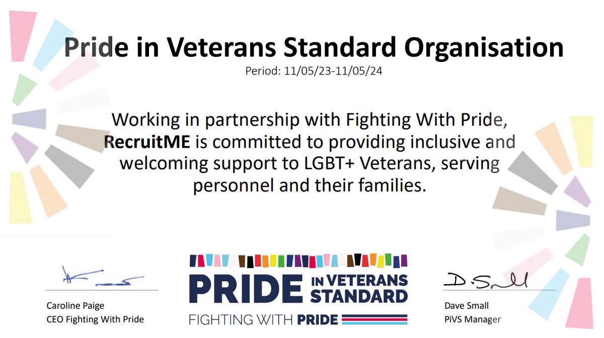 As a veteran and LGBT + owned business RecruitME is proud to have joined the Pride in Veterans Standard (PiVS).

RecruitME is committed to providing inclusive and welcoming support to LGBT+ Veterans, serving personnel and their families.

lnkd.in/eP2sss2B

#Veterans #PiVS