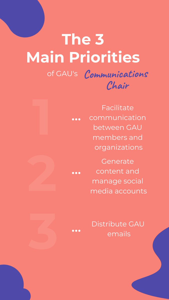 Our last e-board position to highlight is our Communications chair!

This role is great for someone tech-savvy and good with social media. If you are interested in this position, please let us know by the end of the day today!