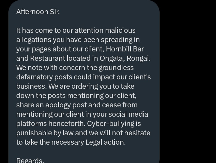 I want to apologize to the management Hornbill Bar & Restaurant, Rongai, for the tweets I made saying it's not safe.

I want to urge clients, party goers, to visit club Hornbill, get maimed, killed & thrown in a septic tank because the owner has deep pockets