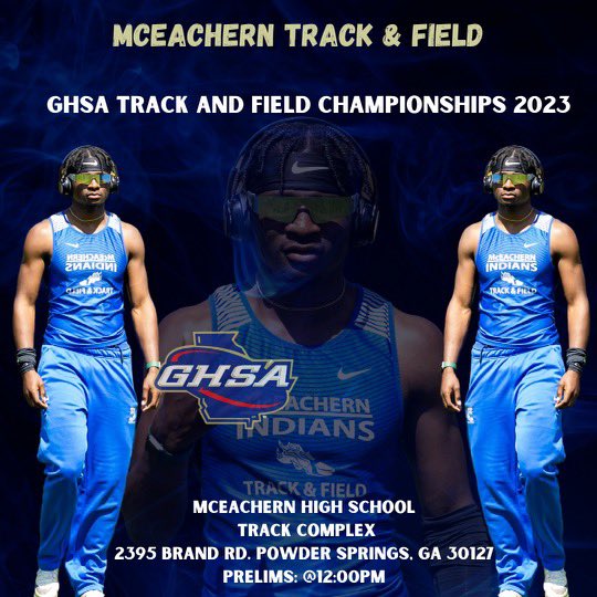 magnum00124's tweet photo. GHSA 7A Sectional Track Meet
📍McEachern High School
🏟️ Track Complex 
2395 Brand Rd. Powder Springs, Ga 30127
🗓 May 12, 2023
⏰ 12:00 pm Running Events (Prelims)

Let’s Go Indians💙💛 

#MHStrack #mceachern #indians https://t.co/TQqFRLFem5