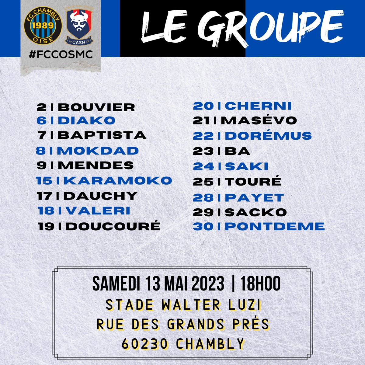 FCCOISE's tweet photo. Il est midi et c'est l'heure de découvrir le groupe retenu pour ce match à guichets fermés face à @SMCaen B ! 🔵⚫️ #FCCOSMC #NeRienLâcher https://t.co/uOB8zfAUCX