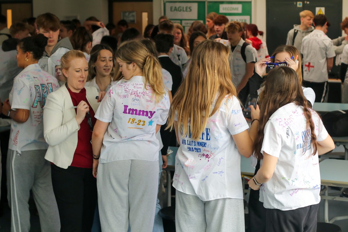 GMS_Academy's tweet photo. We have said goodbye to our Year 11's today with a leavers breakfast, the obligatory signing of shirts and an uplifting assembly with some tears, and lots of laughter! Good luck in your forthcoming exams, we hope you achieve all that you wish for. https://t.co/fxB4vdhAU0
