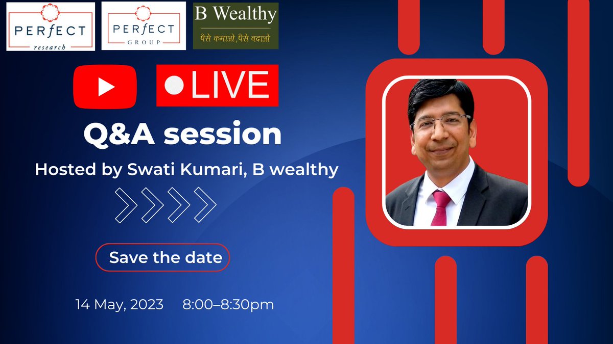 PerfectResearch's tweet photo. Join us for a captivating live Q&amp;A session with our CIO, @ashishkila, expertly moderated by @Bwealthyswati. Tune in to @youtube on 14th May at 8:00 PM and be a part of an engaging discussion.
Link: https://t.co/nHWZsLWblN
#Investing101 #Bwealthyswati #LiveQandA #YoutubeSession. https://t.co/lZBsdkAaBV
