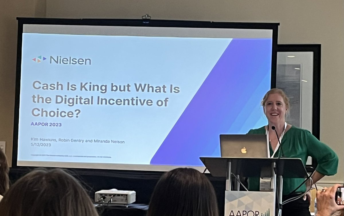 Kim Hawkins <a href="/nielsen/">Nielsen</a> shares challenges of moving to digital incentives - cash is still king. #aapor  #aapor23