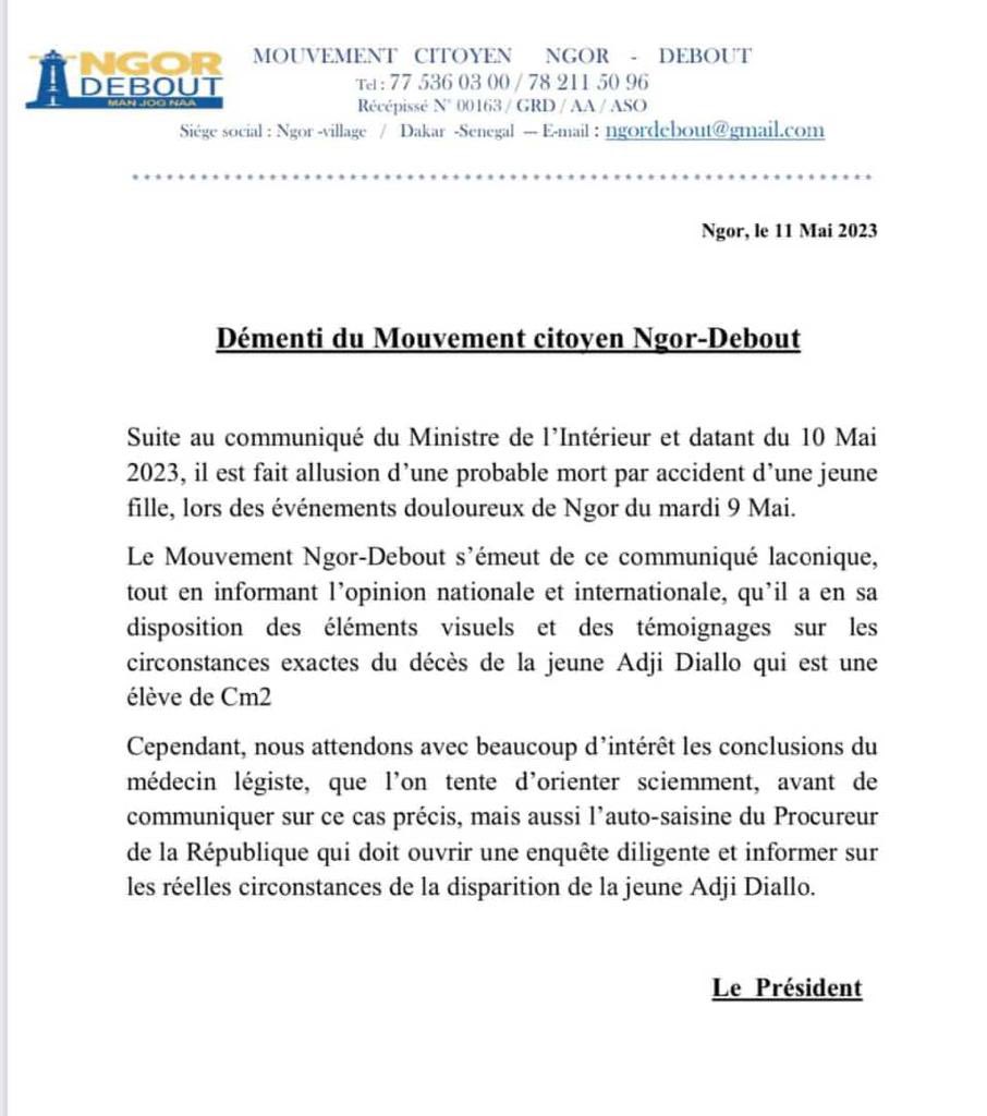 NgorDeboutOff's tweet photo. Votre attention ‼️⚠️
Nous publions le 11 mai ce communiqué de démenti en réponse à la communication calomnieuse du gouvernement concernant les circonstances de la mort de la jeune Adji.

#NgorDebout #JusticeForAdji #FreeSenegal https://t.co/y4ZyKQVNmh