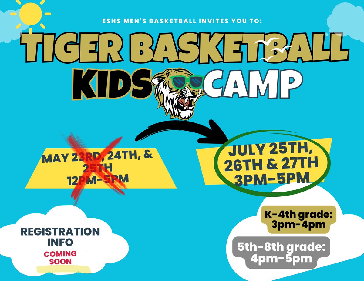 Slight change to our Summer plans...
Our Tiger Basketball Kids Camp will be July 25th, 26th, &amp; 27th instead of May 23rd-25th. Details on camp registration will be released soon, so check back on all of our social media webpages. Excited to see all Tigers grades K-8 on July 25th!!