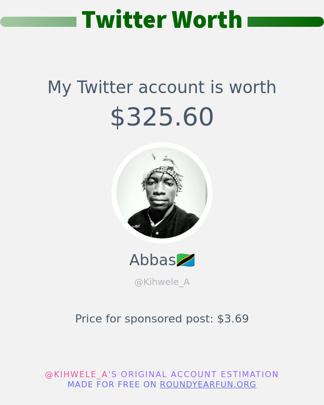Kihwele_A's tweet photo. My Twitter worth is: $325.60

➡️ https://t.co/sa37iojNuU https://t.co/fwQgeLSd22