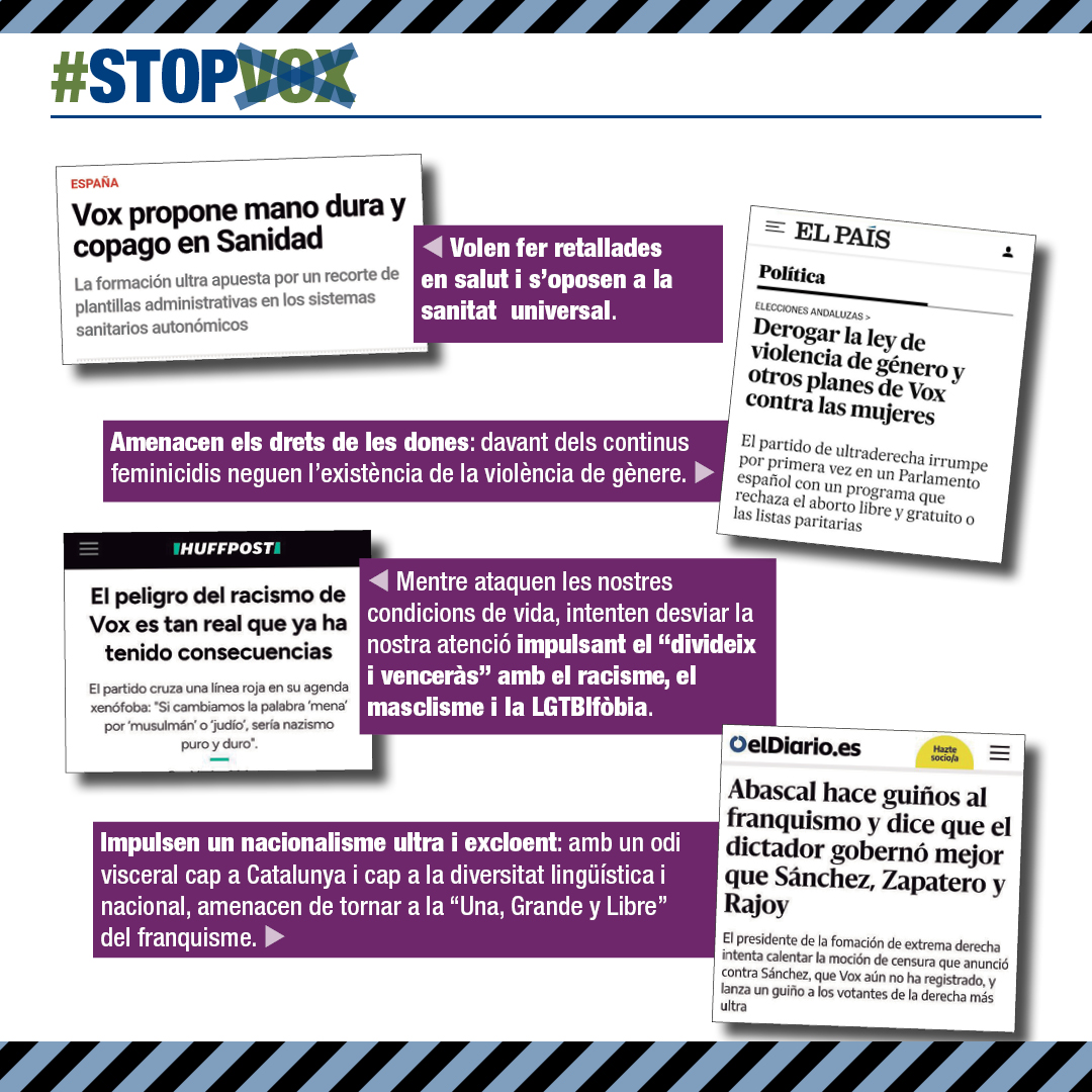 UCFRcat's tweet photo. #StopVOX: No et deixis enredar!
VOX és un partit d’extrema dreta i una amenaça greu per a la nostra seguretat.

Les seves polítiques només beneficien els més rics. A la resta de la gent ens fan la vida més insegura.

https://t.co/9I2XugQdgt https://t.co/2shIWeo5Uj