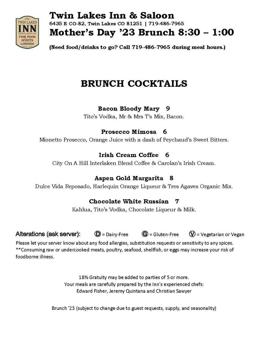 TwinLakesInn's tweet photo. Moms love brunch in Twin Lakes! Enjoy a house-baked frittata with eggs, tomatoes, spinach, asparagus and Swiss cheese, with home fries and bacon or sausage. Enjoy a strawberry-prosecco rose with a splash of champagne.
Mother's Day brunch: 8:30-1. Reservations: Call 719-486-7965. https://t.co/WydbSEjZEl