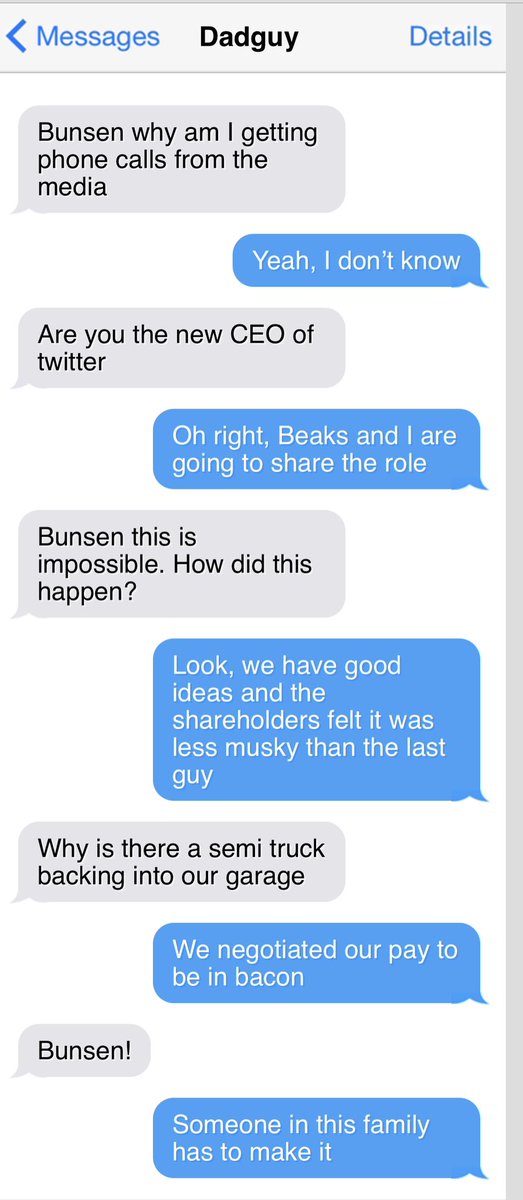 bunsenbernerbmd's tweet photo. Every week my dad saves text messages from me to the family and on Friday he shares them.
Itβs Texts From Bunsen!!!!
#TextsFromBunsen
#Friday https://t.co/tRoYEvoRU3