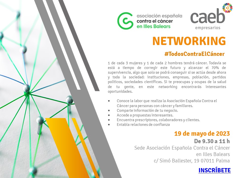 CAEB's tweet photo. 💚Si te preocupas y ocupas de la #salud de tu gente, te invitamos a un #Networking especial con @ContraCancerIB
🗓️ Viernes 19 de mayo
🕜 De 9.30 a 11.00 h
👉Apúntate: https://t.co/8nOipEbqxE
#TodosContraElCáncer #CAEBnetworking #CAEBsocial #CAEBsalud #empresas #pymes #Baleares https://t.co/EjzE3O3zp1