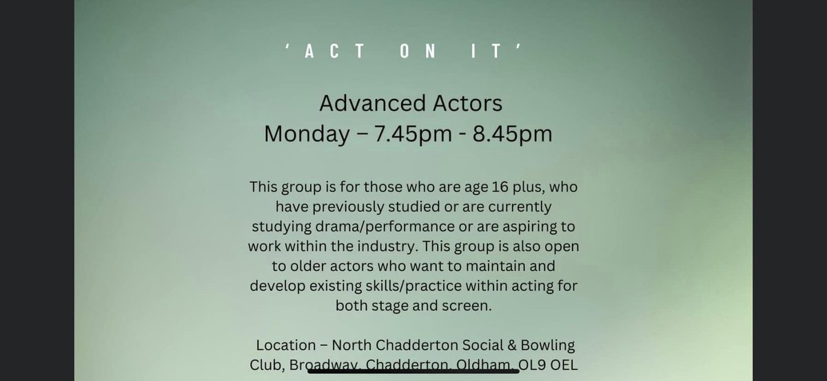 lisawhiteside28's tweet photo. ACT on it - Oldham - Stage to screen acting classes for all π· Other services availableβ¦ #1-1tuition/#Audition workshops/#Actingforcamera workshops/#Selftape sessions/Bespoke workshops - available to local schools/colleges in the Oldham/Mc area actonitactingclasses@gmail.com https://t.co/QxCXcsZyZ5