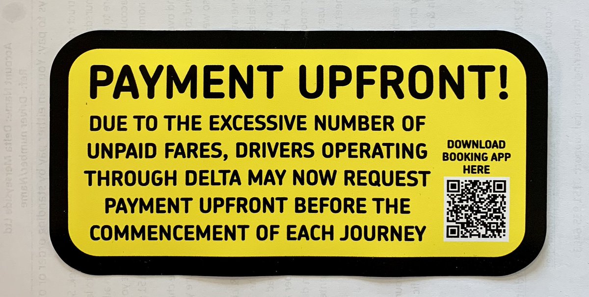 DeltaMerseyside's tweet photo. Policy Change:
Drivers are now allowed to charge customers prior to the commencement of ANY cash/card journey.

Drivers can collect stickers for their cars from the Engineering Dept at Delta HQ when passing. https://t.co/t7kMJ8Vs7I
