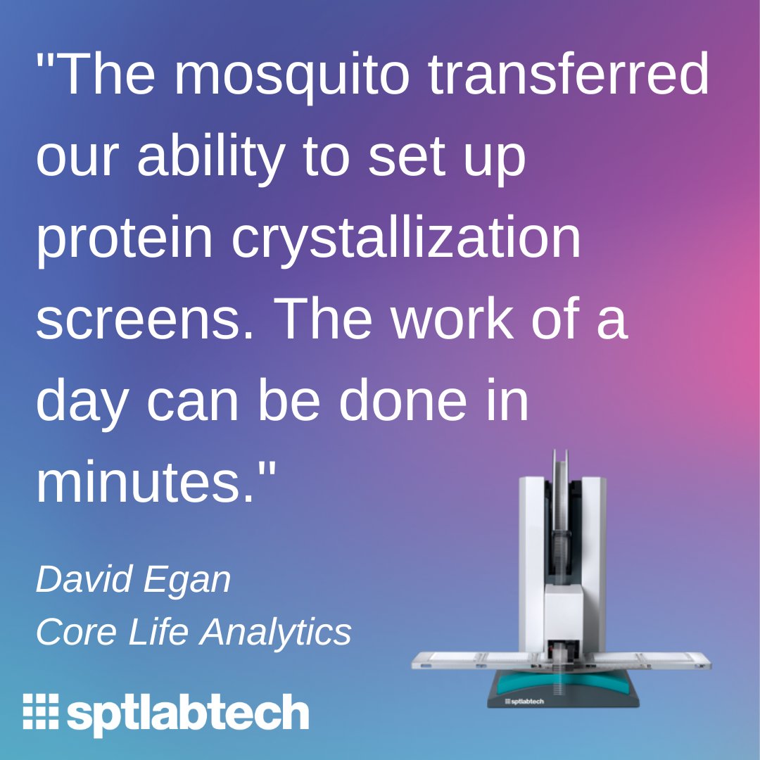 SPTLabtech's tweet image. &quot;The mosquito transferred our ability to set up protein crystallization screens. The work of a day can be done in minutes. 10x faster then manual for protein crystallization.&quot; - David Egan - Core Life Analytics.

Find out more - bit.ly/42wb8Zv

#proteincrystallization