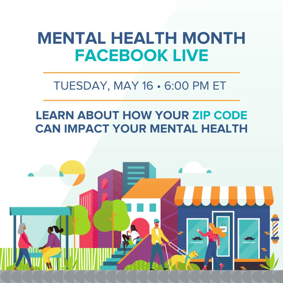 Did you know that ~60% of your health is determined by where you live? Join us LIVE on Facebook on Tuesday, 5/16 to learn about how your zip code can impact your #mentalhealth!

We’ll be joined by <a href="/hatchdw/">Daniel W. Hatcher, MPH</a> of <a href="/HealthierGen/">Alliance for a Healthier Generation</a> and Radiance Basden.

Details: bit.ly/42t0suO