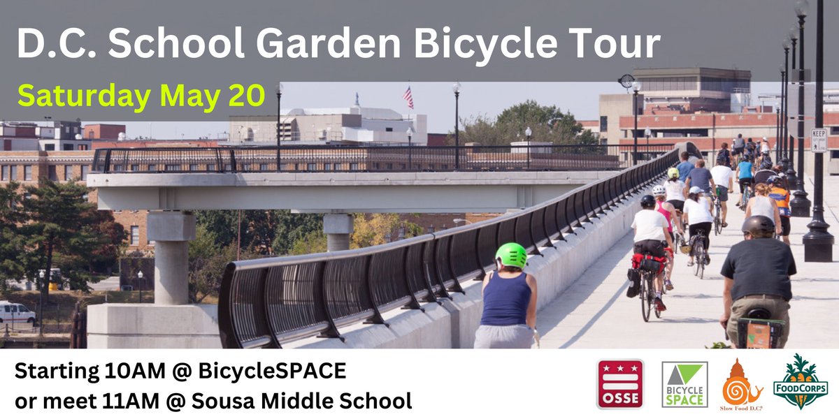OSSE DCSchoolGardens (@ossesgp) on Twitter photo SCHOOL GARDEN BICYCLE TOUR POSTPONED
Due to rain showers that are forecasted tomorrow, we have decided to postpone the School Garden Bicycle Tour to Saturday, May 20.
Registration is still open here: eventbrite.com/e/dc-school-ga…
<a href="/OSSEDC/">OSSE</a> <a href="/BicycleSPACE/">BicycleSPACE</a> <a href="/slowfooddc/">Slow Food DC</a> <a href="/FoodCorps/">FoodCorps</a> SCHOOL GARDEN BICYCLE TOUR POSTPONED
Due to rain showers that are forecasted tomorrow, we have decided to postpone the School Garden Bicycle Tour to Saturday, May 20.
Registration is still open here: eventbrite.com/e/dc-school-ga…
<a href="/OSSEDC/">OSSE</a> <a href="/BicycleSPACE/">BicycleSPACE</a> <a href="/slowfooddc/">Slow Food DC</a> <a href="/FoodCorps/">FoodCorps</a>