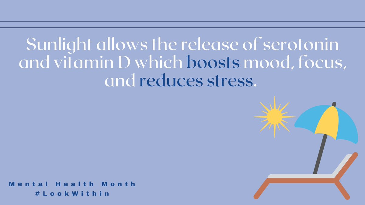 EDCoalition's tweet image. Boost your #MentalHealth by sitting outside in natural light! This increases your serotonin and vitamin D levels which in turn boosts your mood. 

#MentalHealthMonth #LookWithin @MentalHealthAm @EDCoalition