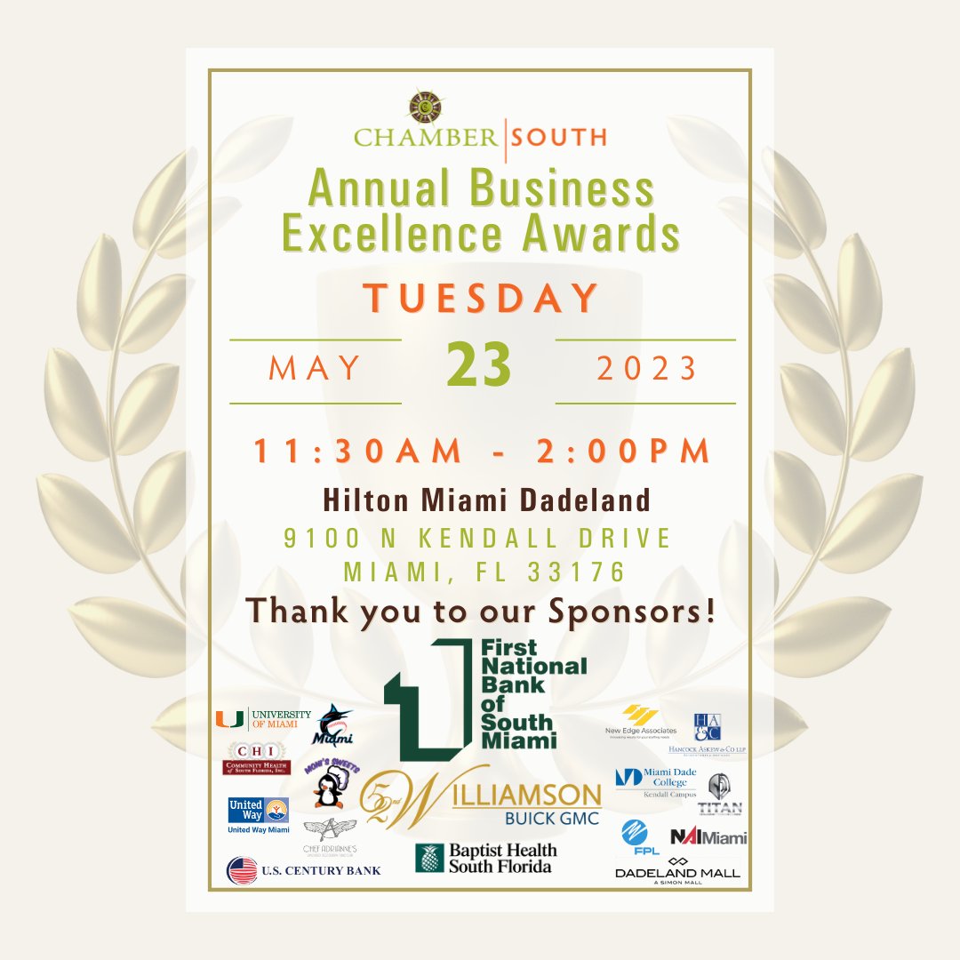 ChamberSOUTH's Annual Business Excellence Awards is May 23rd, 2023! Don't miss this amazing event!

This event wouldn't be possible without the support of our incredible sponsors. Thank you for your constant support! 🏆🎉  #allthingschambersouth #chamberofcommerce