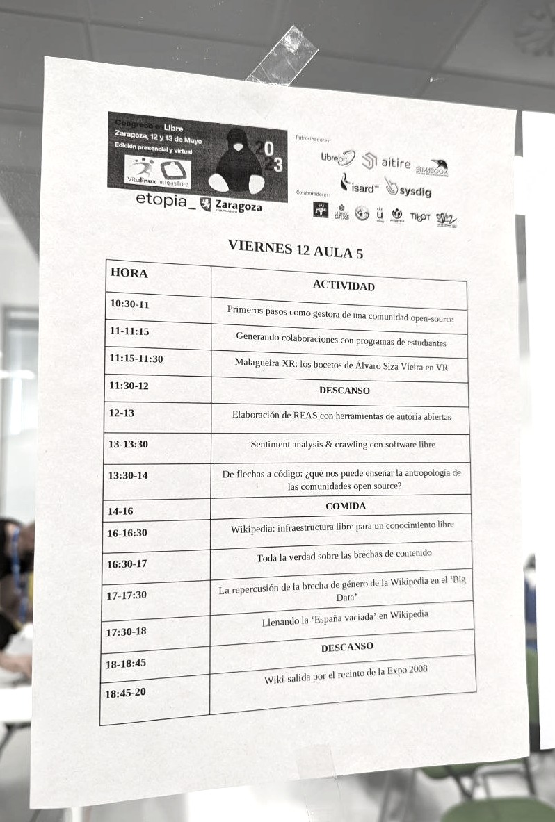 wikimedia_es's tweet photo. 🎉#WikimediaEspaña en @esLibre_ 2023📌¡Todo listo para hoy #12Mayo!
👉Estaremos a partir de las 16:00 horas en @etopia_ , un espacio del @zaragoza_es, en #EsLibre🔴Conoce el horario y paticipa💻online: https://t.co/21ERBm5Fvi
.
@FlorenClaes @esterbonets @rubojeda @jynus @abizgz https://t.co/0KXflHDPVz
