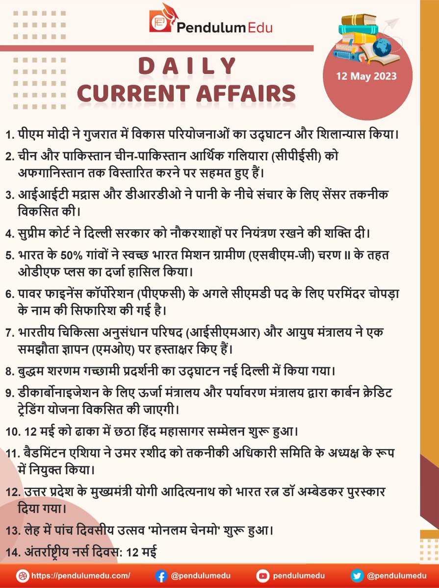 pendulumedu's tweet photo. Current Affairs of 12 May 2023 in Hindi - https://t.co/LECiRTszAg
#currentaffairs #news #latestnews #breakingnews #pendulumedu #PMMODI #ChinaPakistan #IITMadras #DRDO #SC #SBMG #PFC #CMD #ICMR #Ministryofayush #buddham #CREDITTRADINGSCHEME #DHAKA #OmarRashid #BharatRatna #yogi https://t.co/ply7zGTpRv