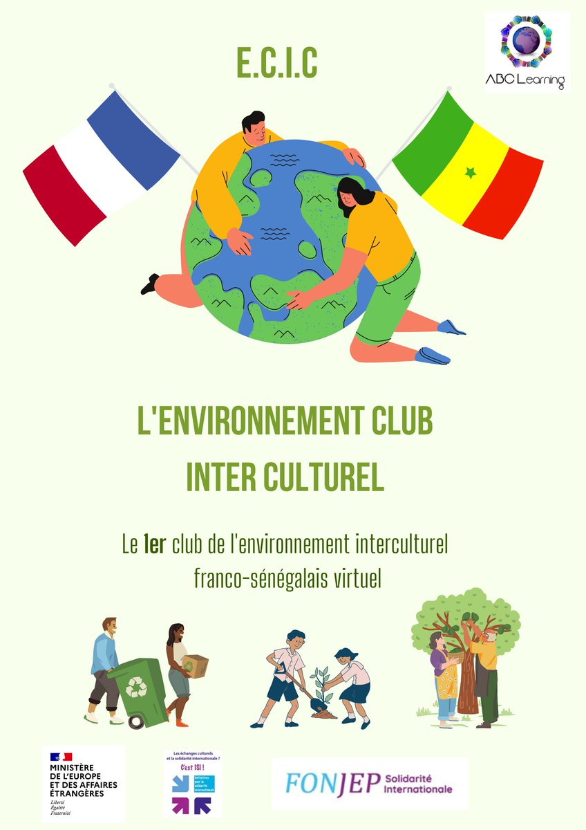 assoABCLearning's tweet image. 📢🌞 Le projet ECIC 🌍🌱

🌟🖥️ L’environnement Club Inter Culturel est un club de l’environnement interculturel franco sénégalais virtuel.
👥🌱C&apos;est un projet citoyen entre jeunes français et sénégalais de 16 à 25  qui souhaitent réaliser des actions en faveur de l’environnement.