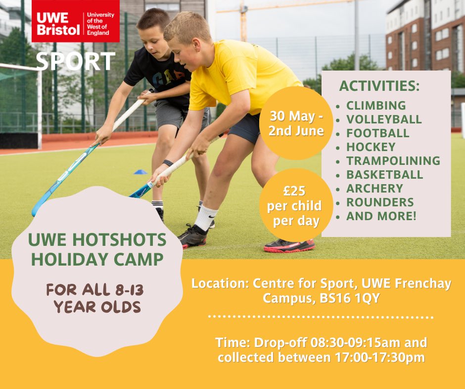 If you’re looking for an exciting way for your child to spend the May half-term, then look no further than UWE Sport’s Hotshots Active Camp. 📍UWE Centre for Sport 🗓️ 30 May-2 June 🏃‍♀️🏃‍♂️ Children aged 8-13 years old Hit the link below find out more 👇 uwe.ac.uk/life/activitie…