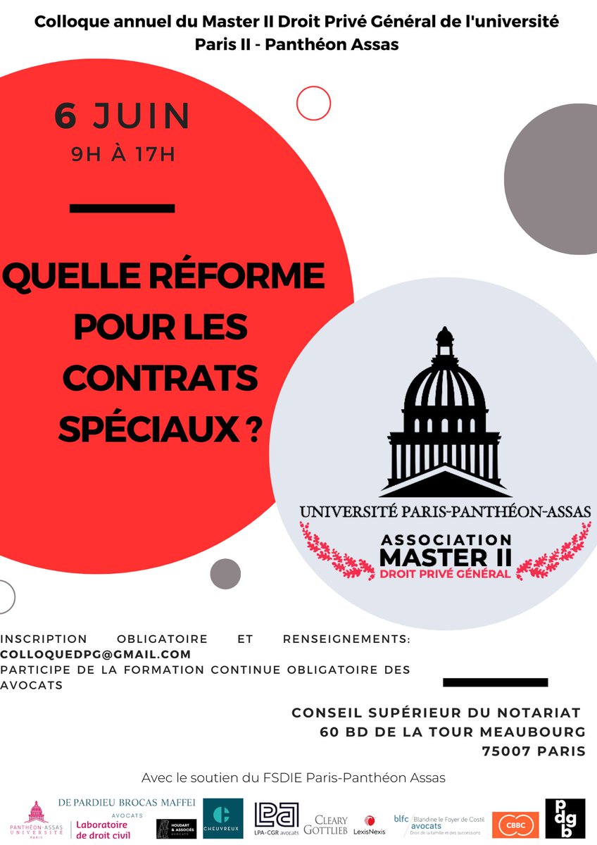 DPG_Assas's tweet photo. Le Master II Droit Privé Général de l'Université Paris Panthéon Assas est fier de vous annoncer la tenue de son colloque annuel, intitulé : "Quelle réforme pour les contrats spéciaux ?" https://t.co/1xxrGgWOKm