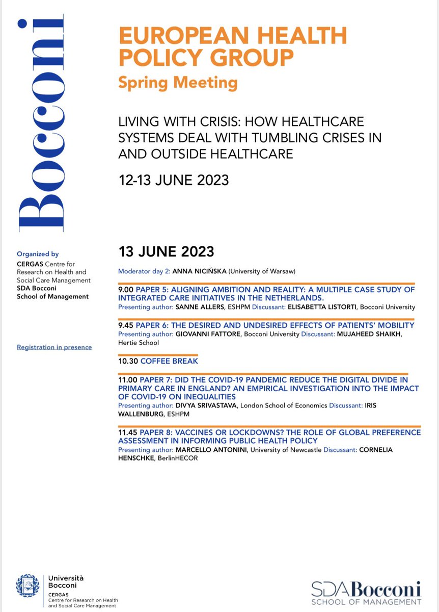 _vittoriaardito's tweet photo. The program for the upcoming European Health Policy Group Meeting hosted by #cergas @sdabocconi on 12-13 June 2023 is out. Register to the event here 👉🏼 https://t.co/c1rYwOn9yU #EHPG @ATorbica https://t.co/iUz1s7EuPD