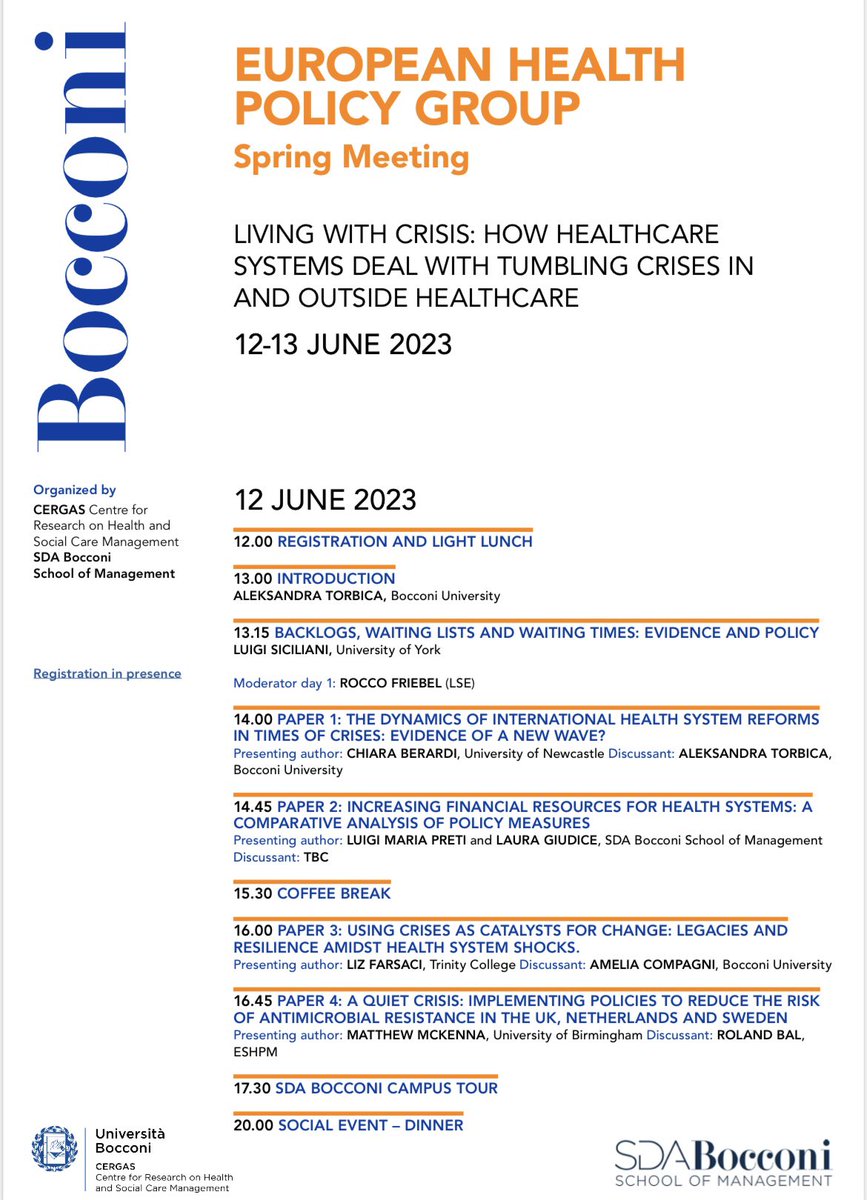 _vittoriaardito's tweet photo. The program for the upcoming European Health Policy Group Meeting hosted by #cergas @sdabocconi on 12-13 June 2023 is out. Register to the event here 👉🏼 https://t.co/c1rYwOn9yU #EHPG @ATorbica https://t.co/iUz1s7EuPD