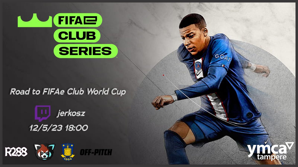 Tänään lähetään hakemaan paikkaa FIFAe Club World Cup 2023, jossa vastaan astelee kovimmista kovimmat. FIFAe Club sarja huipentuu tänään pelattaviin playoffeihin.

Good luck all!!
<a href="/r288esport/">R288</a> <a href="/OffPitchEsport/">Off Pitch Esport</a> @brondbyesport 
#esportsfi #FIFA23 #YMCAtampere #YMCAesports