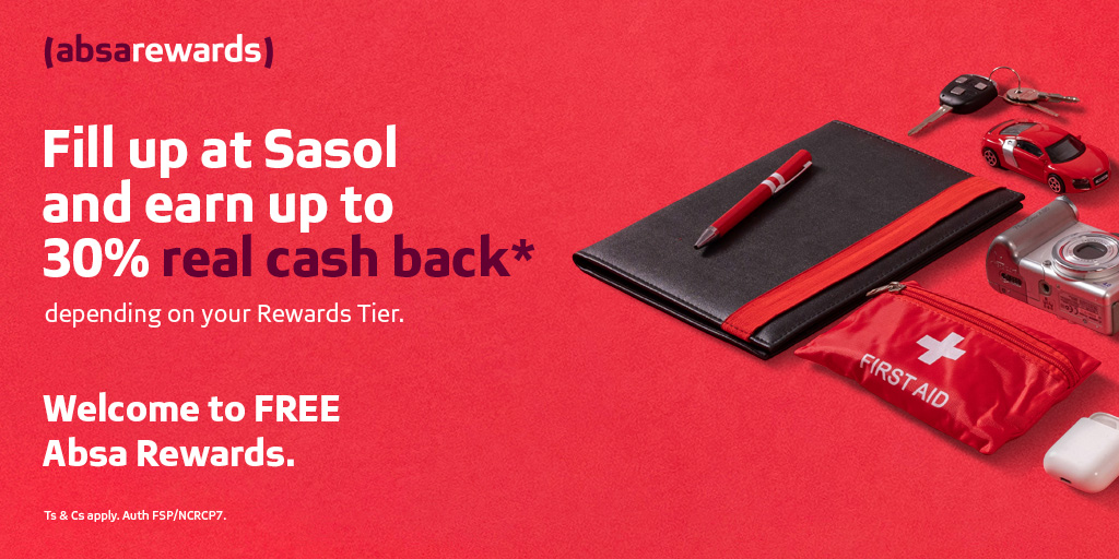 Drive with peace of mind knowing your fuel tank is taken care of. Earn up to 30% real cash back when you fill up at <a href="/SasolSA/">Sasol</a>, depending on your Rewards Tier. Open your Transactional account and sign up today. #MoreFreeAbsaRewards. fal.cn/3ycmp

#MoreFreeAbsaRewards