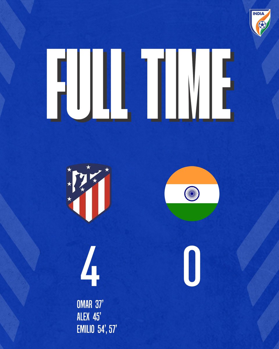 IndianFootball's tweet photo. FULL-TIME!
India lose 4-0 to @Atleti U-18 in their last training game in Spain today.
Chin up boys! We will come back stronger 💪🏼
#ATLIND ⚔️ #BackTheBlue 💙 #IndianFootball ⚽️ https://t.co/Coavi9whSo