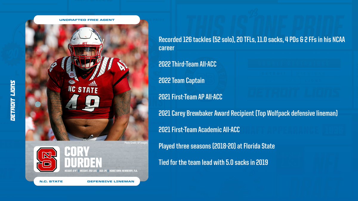 Detroit Lions PR (@lionspr) on Twitter photo The <a href="/Lions/">Detroit Lions</a> announced today that they have signed the following undrafted free agents:
<a href="/USFFootball/">USF Football</a> OL <a href="/bradcecil74/">Brad Cecil</a>, <a href="/oregonfootball/">Oregon Football</a> WR <a href="/ccota_/">Chase Cota</a>, <a href="/IlliniFootball/">Illinois Football</a> LB <a href="/isaacdarkangelo/">Isaac Darkangelo</a> and <a href="/PackFootball/">NC State Football</a> DL Cory Durden.
#OnePride The <a href="/Lions/">Detroit Lions</a> announced today that they have signed the following undrafted free agents:
<a href="/USFFootball/">USF Football</a> OL <a href="/bradcecil74/">Brad Cecil</a>, <a href="/oregonfootball/">Oregon Football</a> WR <a href="/ccota_/">Chase Cota</a>, <a href="/IlliniFootball/">Illinois Football</a> LB <a href="/isaacdarkangelo/">Isaac Darkangelo</a> and <a href="/PackFootball/">NC State Football</a> DL Cory Durden.
#OnePride