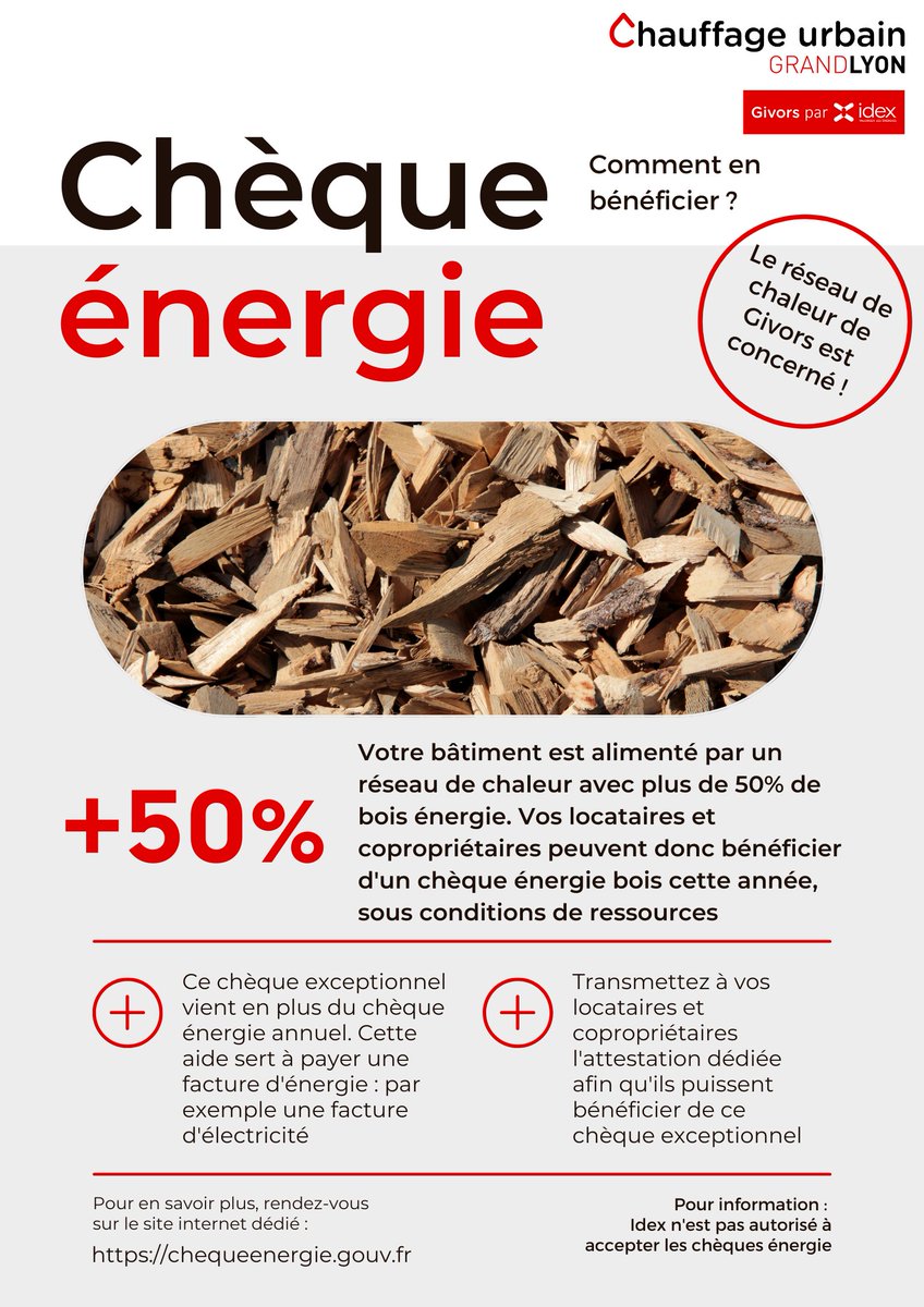 #chèqueénergie 🪵 Le réseau de chaleur <a href="/ChauffUrbainGiv/">Chauffage Urbain Givors</a>  est concerné par le chèque énergie bois car alimenté à plus de 50% par du bois énergie !
Les bailleurs, syndics de copropriétés... ont jusqu'au 31/05 pour remplir leurs demandes sur le portail dédié . ⬅

#environnement