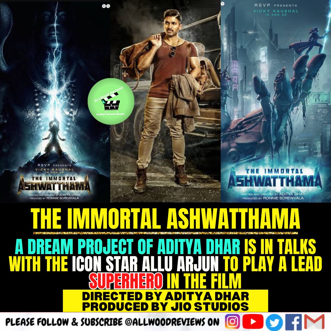 #Breaking:
Icon Star #AlluArjun (@alluarjun) is in talks with #AdityaDhar to play a lead superhero role in the #TheImmortalAshwatthama film

Directed by #AdityaDhar (#URI Film fame) (@AdityaDharFilms)

Produced by #JioStudios (@jiostudios)