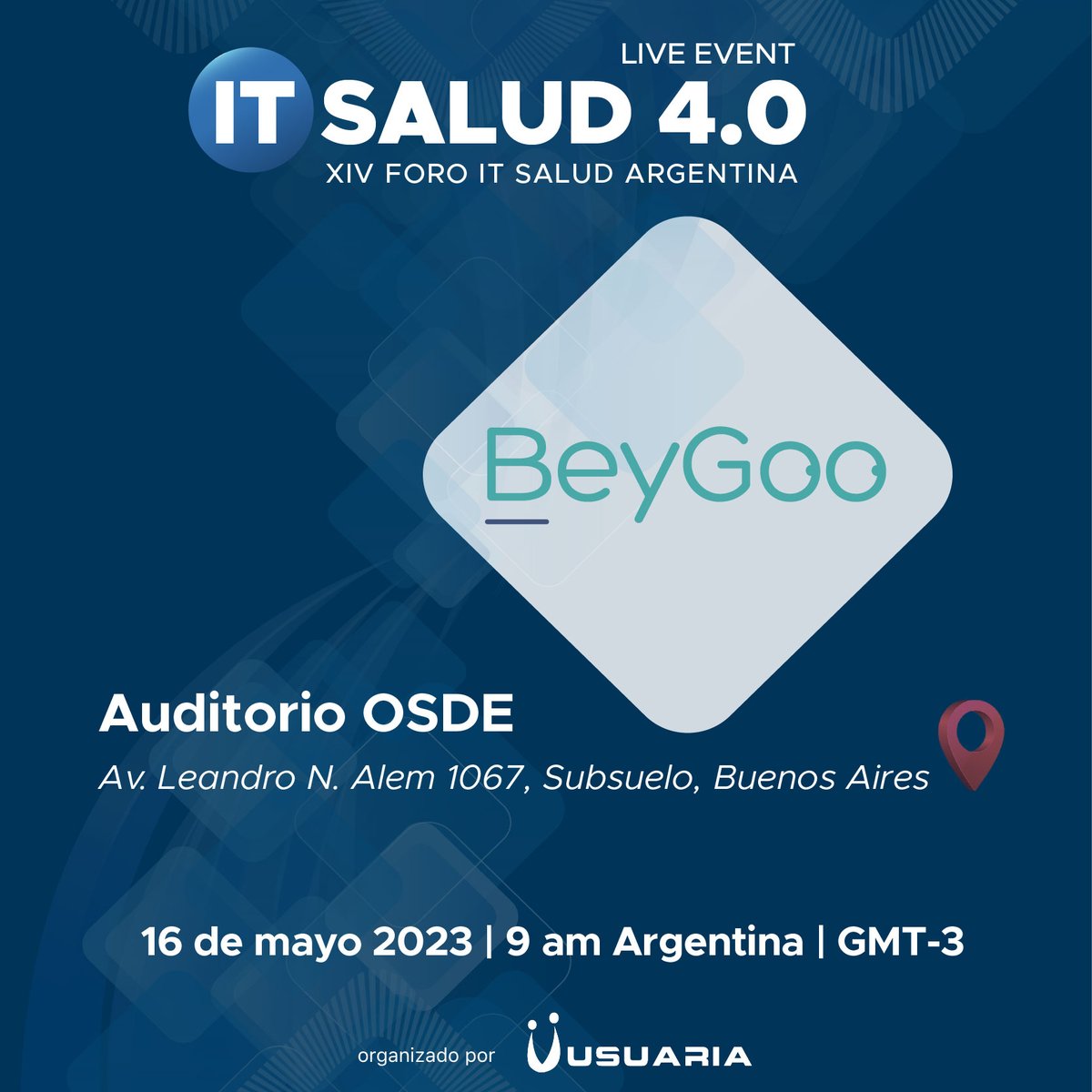 #eventos Te invitamos participar de una nueva edición de #ITSalud2023 en el que somos sponsor.
🗓 El evento es el próximo martes 16 de mayo desde las 9:00hs
Inscripción al #LiveEvent 📲 bit.ly/3kNyskZ

Organiza: <a href="/usuaria/">USUARIA</a> 

¡Nos vemos ahi!

beygoo.io