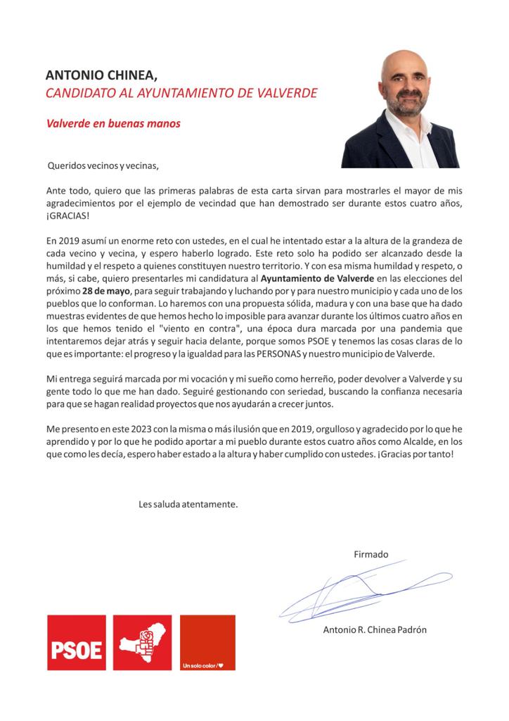 PSOEElHierro's tweet photo. Antonio Chinea, alcalde 2023
Vota psoe
#ValverdeEnBuenasManos
#unsolocolor
#psoeelhierro https://t.co/FIiUPEV33N