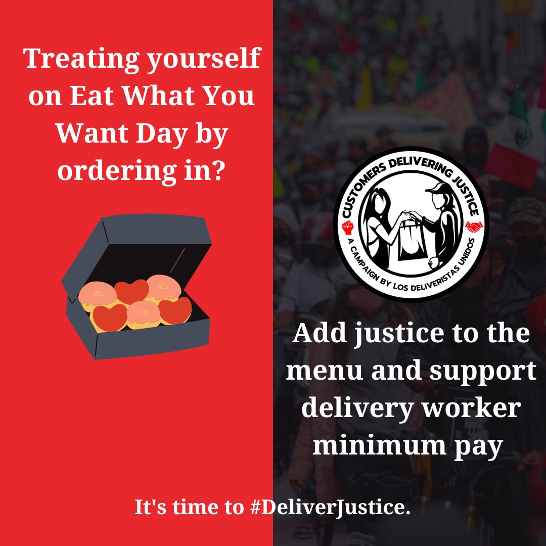 workersjusticep's tweet image. Yesterday, did you treat yourself for #EatWhatYouWantDay by ordering in? Don’t forget to add justice to the menu. 

Corporations pocket billions while refusing to pay app-based delivery workers fairly. 

Support the fight for minimum pay in NYC: customersdeliveringjustice.org