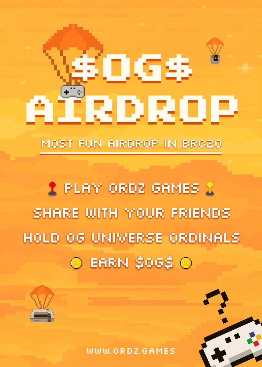 Ordinals上第一个GameFi项目<a href="/OrdzGames/">Ordz Games</a> 的全民空投计划
游戏全部刻在比特币链上，空投计划任何人都可以参与，代币名称$OG$
抽奖5个人 送800$OG$，单币当前地板0.5U，总价值400U
Follow <a href="/OrdzGames/">Ordz Games</a> &amp; <a href="/martin23_sen/">Martin_sen</a>
 RT &amp; like &amp; tag friends 24h
在官网玩游戏可以参与空投：ordz.games