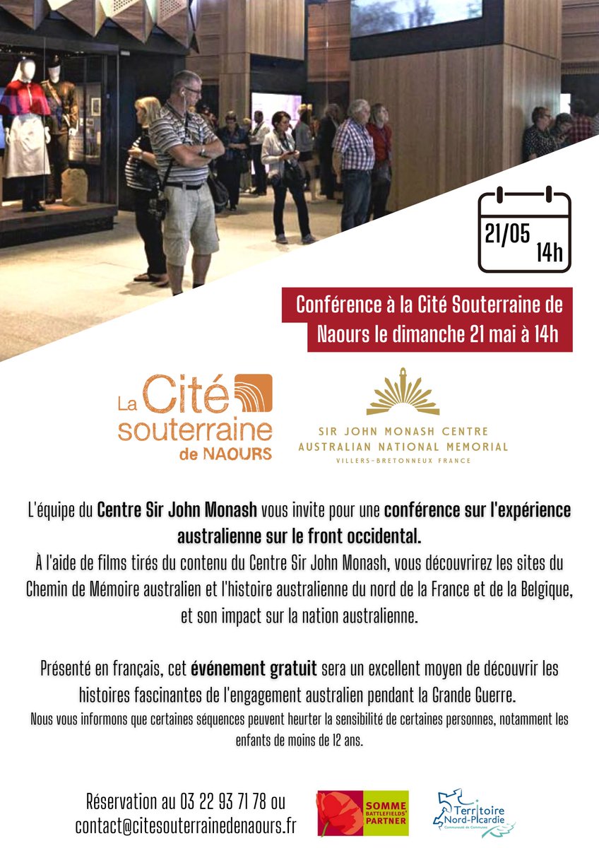 Le 21 mai à 14h, le #CentreSirJohnMonash sera à la #CiteSouterraineDeNaours pour l’évènement 'Le SJMC vient à vous' présentant l'histoire 🇦🇺 sur le front occidental et la découverte du Chemin de Mémoire 🇦🇺.

Evènement gratuit et en 🇫🇷.

ℹcontact@citesouterrainedenaours.fr