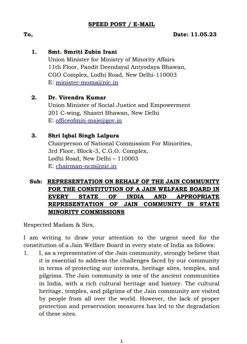 adv_shasha's tweet photo. Urging the constitution of a Jain Welfare Board in every state of India and proper representation of Jains in State Minority Commissions, I just sent a representation on behalf of the Jain community. 

Hope to receive a prompt and positive response from @NCM_GoI
#JainWelfareBoard https://t.co/zCPLflerrk