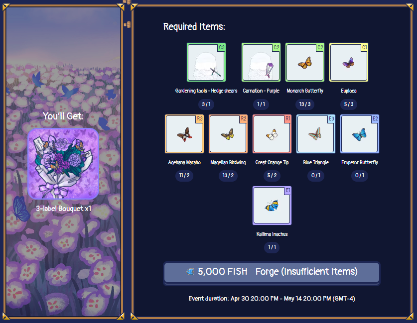 iy8034's tweet photo. #Polygonnfts #NFTgaming #NFTcommunity So I finally caught all the butterflies! (ok, i cheated and bought one on OS but whose counting?) I was able to forge with this recipe and I got an awesome item that will help me WIN MATIC in the Rarity Contest on Sunday. Wish me luck! https://t.co/0JeAl0NXU4