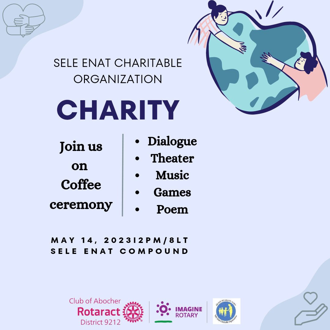 In a world where evil has taken over, let us be the good.🌍

✨RAC Abocher in collaboration with Sele Enat Charitable Organization presents to you a ቡና ጠጡ ceremony.✨

Helps us buy one seedling to one child too by buying our tickets.🌱

maps.google.com/?cid=100301846…