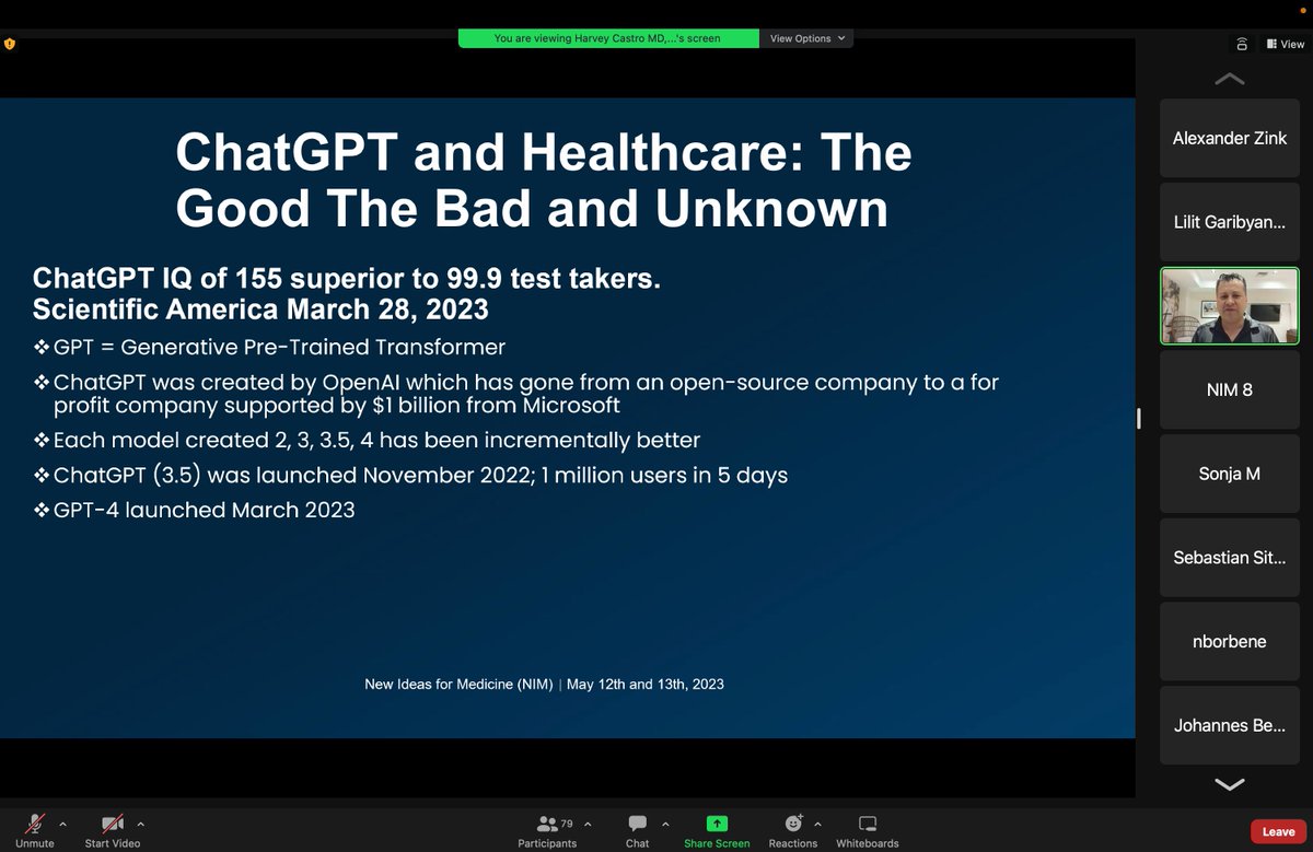 Thank you <a href="/Zink_et_al/">Alexander Zink, MD, MPH, PhD</a> for inviting me to speak about the importance of #clinician-led #innovation in #medicine  at the 8th virtual symposium "New Ideas for Medicine (NIM)" 
conference: lnkd.in/e_Puk2sq
I enjoyed the informative talk by <a href="/HarveycastroMD/">Harvey Castro, MD, MBA</a> on #chatGTP