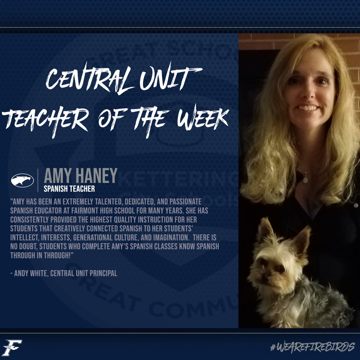 FHS Central Unit Teacher of the Week

AMY HANEY -- Spanish Teacher

#WeAreFirebirds