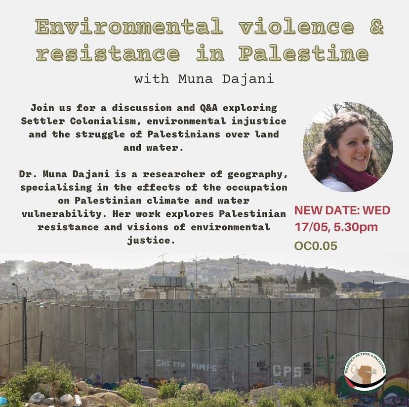 Hey friends! We’re excited for our first Nakba week event where we will be discussing the relationship between the occupation and the Palestinian environment with the incredible <a href="/muna_d/">Muna D</a> 

Come along! Wed 17/05 in the Oculus 🇵🇸🌱