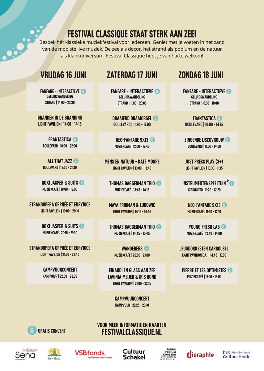 Check je agenda &amp; plan jouw muzikale weekend! Van 16 t/m 18 juni aan het Strand van Scheveningen. #festival #klassiekemuziek #vooriedereen