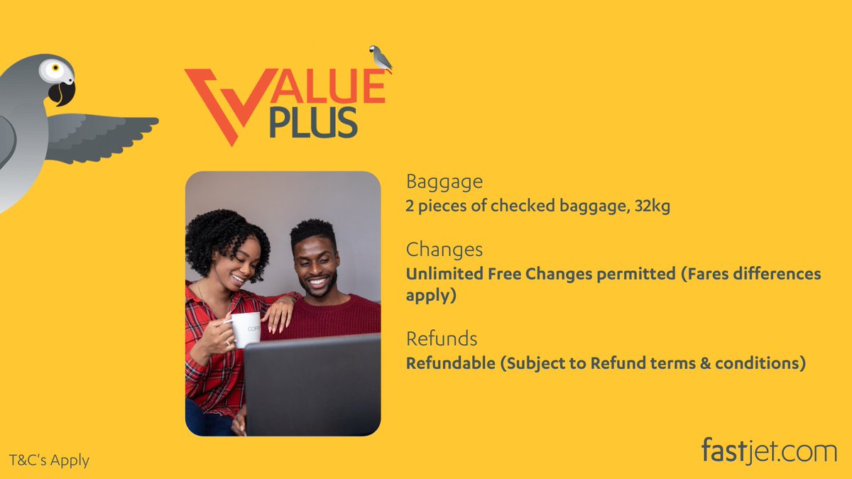 fastjet's tweet photo. Check out our Value Plus Fare, offering our customers enhanced #Flexibility #Value and #Choice across our network of flights.
#fastjet
#ForEveryone
#FareFamilies
#Value
#ValueFlex
#ValuePlus
#Botswana
#SouthAfrica
#Zimbabwe https://t.co/8BmBUUA4VR