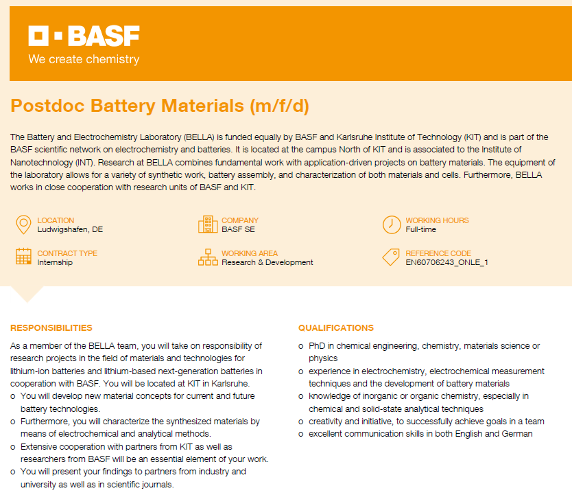 Job opening, "Postdoc Battery Materials (m/f/d)" 🔋, at BELLA, a <a href="/KITKarlsruhe/">Shmoopy</a> <a href="/BASF/">BASF</a> joint laboratory! Come join our team. For more info and to apply ➡️ on.basf.com/44ViiIh. 
<a href="/Janek_Lab_JLU/">Juergen Janek</a> #battchat #batterytwitter