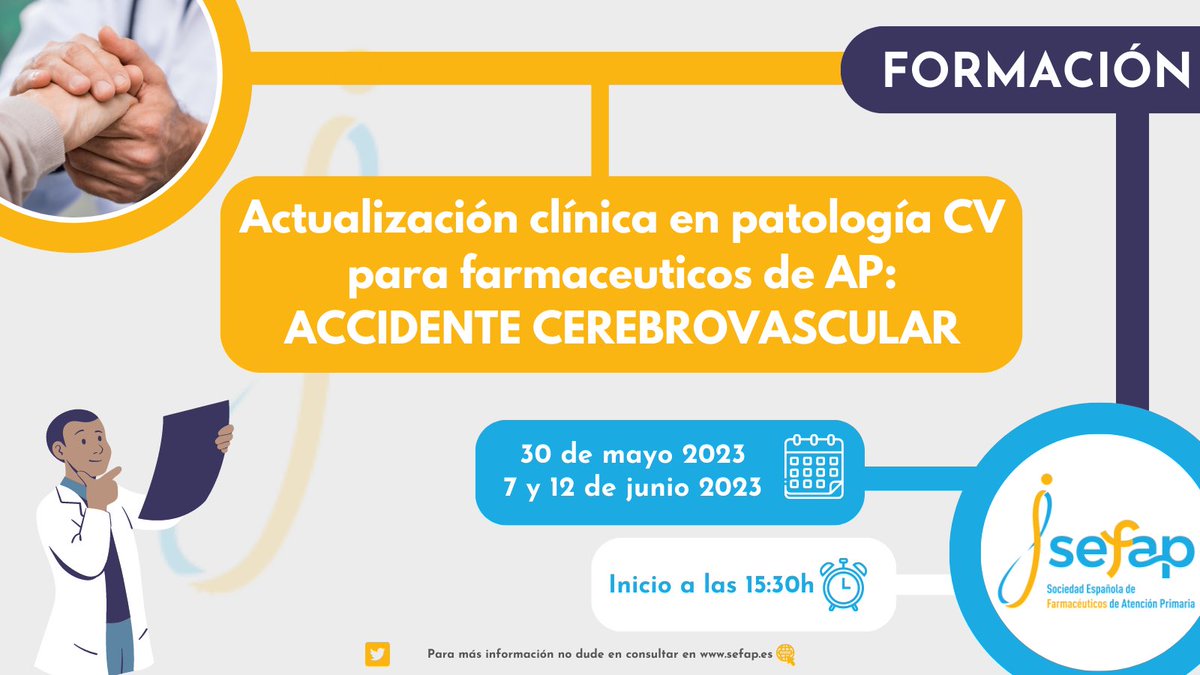 Formación online SEFAP: “Actualización clínica en patología CV para farmacéuticos de AP:
ACCIDENTE CEREBROVASCULAR”

🗓 30/05, 7 y 12/06 de 2023

📌 Matrícula gratuita y exclusiva para los miembros de SEFAP

Inscripciones hasta el 24 de mayo‼️

Más info👇
sefap.org/2023/05/12/for…
